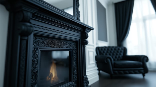 A stylish living room with a roaring fireplace elegant black lace curtains and a ghostly figure faintly visible in the mirror above the mantel photo