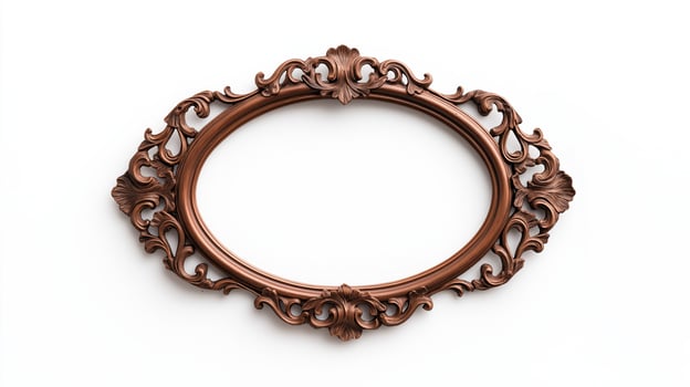 Wide angle shot of a vintage oval shaped picture frame with elaborate carvings and patina featuring baroque style scrolls and leaves isolated on a pure white background photo