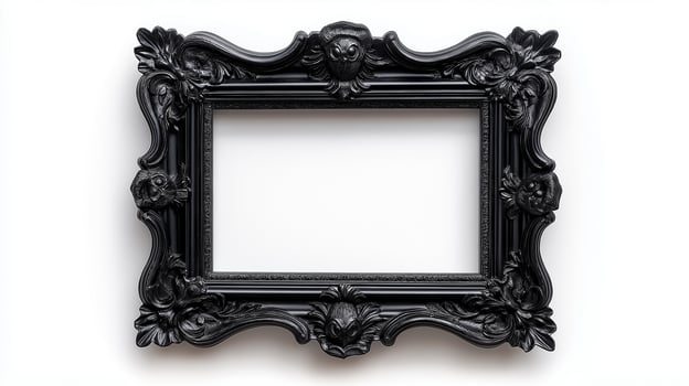Overhead shot of a spooky ornate picture frame with detailed black carvings of owls spider webs and full moons isolated on a white background with subtle shadows photo