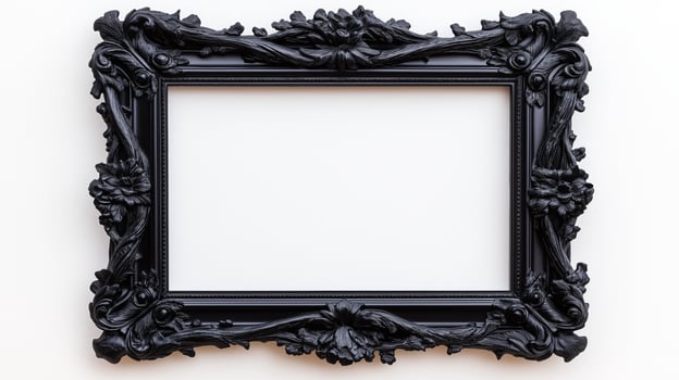 Overhead shot of a gothic picture frame with creepy designs like gargoyles and twisted branches finished in a matte black isolated on a white background photo