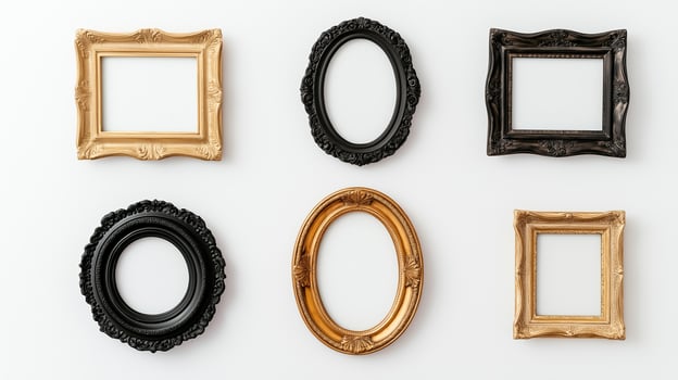 Overhead view of a collection of vintage ornate picture frames in various shapes including oval round and rectangular arranged on a white background empty and ready for use photo