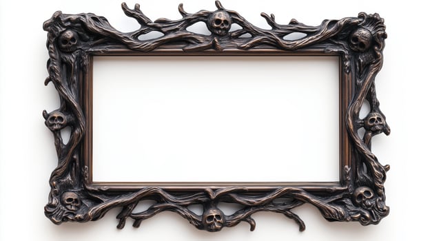 Overhead view of an ornate Halloween picture frame featuring creepy designs like ghost faces and twisted branches in a tarnished silver finish isolated on a white background photo