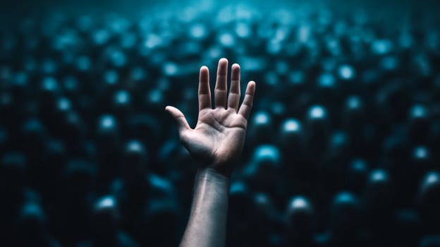 Closeup of a persons hand reaching out desperately through a thick crowd the crowd blurred to highlight the sense of urgency photo