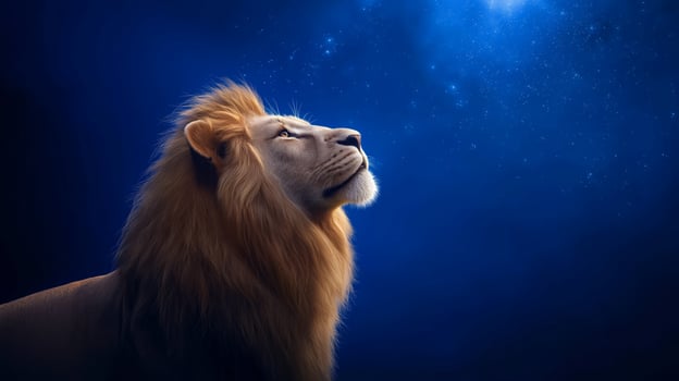 Side view of a lion with a glowing mane standing before a towering light portal with cosmic symbols and starry constellations swirling in the sky representing the Lions Gate portal photo