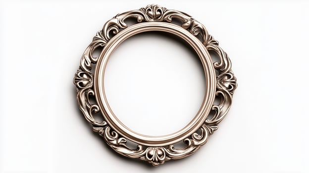 Side view of a vintage oval picture frame with a delicate lace like pattern and a slightly tarnished silver finish isolated on a white background with soft diffused shadows photo