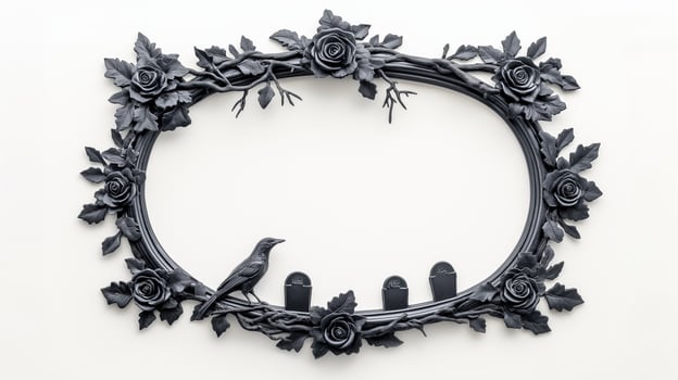 Top view of a Halloween themed frame adorned with eerie details such as tombstones black roses and a crow perched on a branch in an aged silver finish isolated on a white background photo