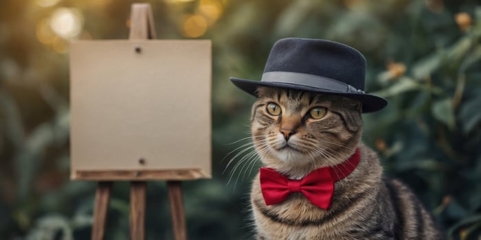 A cat dressed in a hat and bow tie holds a blank banner. photo