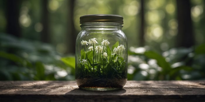 A jam jar filled with preserved wild garlic a taste of the forest to be enjoyed yearround. photo