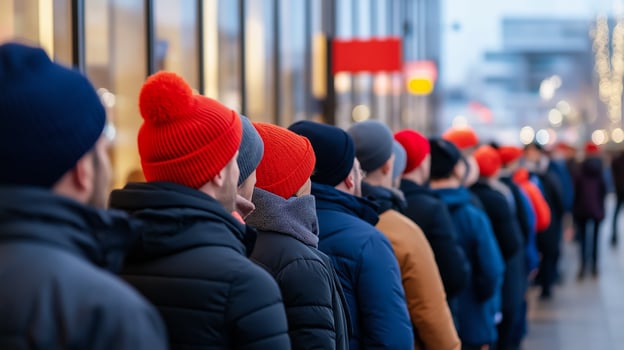 Side view of a massive line of customers outside a store at dawn on Black Friday bundled up in coats and hats with sale banners visible through the windows photo