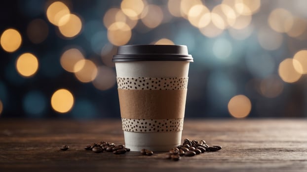 Coffee to go paper cup mockup with light bokeh Christmas background International Coffee Day concept. photo