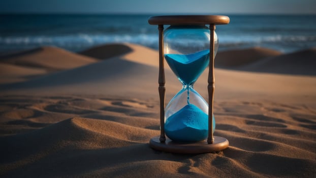 transience and time of concept dark, the in glowing sand blue with Hourglass. photo