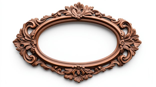 Wide angle shot of a vintage oval shaped picture frame with elaborate carvings and patina featuring baroque style scrolls and leaves isolated on a pure white background photo