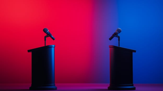 Two podiums with microphones facing each other gradient background transitioning from deep red to dark blue side view ample space for text photo