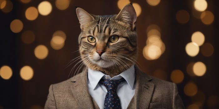 Business cat in a shirt with a tie on a brown background. photo