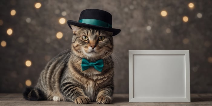 A cat dressed in a hat and bow tie holds a blank banner. photo