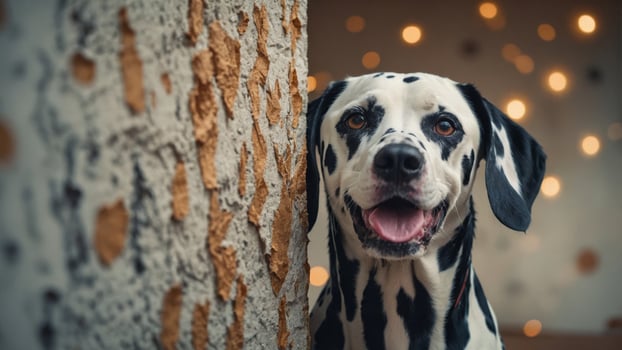Adorable Dalmatian Dog Playfully Peeking Through Paper Wall. photo