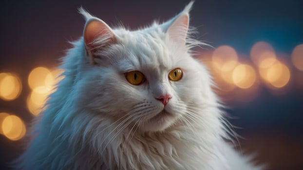 White fluffy cat with colorful glowing lights on a light background, fantasy concept. photo
