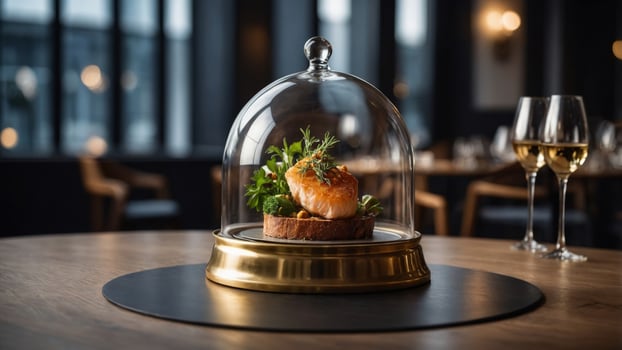 concept cuisine gourmet restaurant, elegant in cloche golden with experience dining Fine. photo