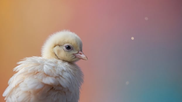 White chick peeking over pastel bright background Creative animal concept. photo