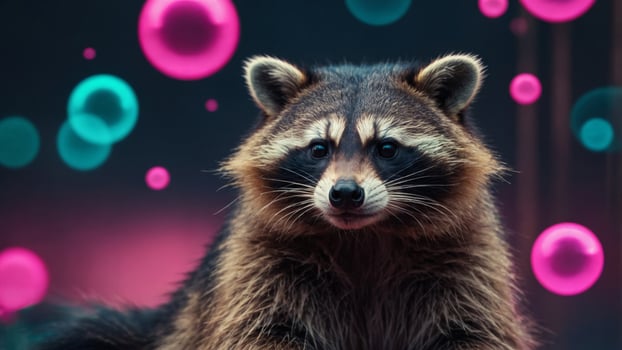 background vibrant and crown neon with gum bubble pink glowing a holding Raccoon. photo