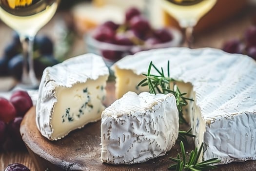 Gourmet Cheese Selection Sliced White Mold Cheese on a Plate, Wine Pairing Inspiration photo