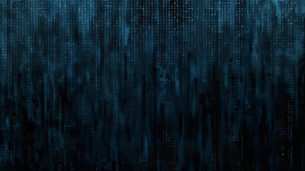 Abstract Data Stream Digital Rain of Letters and Numbers Cascades Down a Dark Blue Background photo