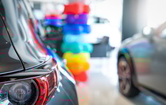 Car parked in luxury showroom. Car dealership office. Car showroom business. New car parked in modern showroom. Auto for sale and rent business. Automobile leasing and insurance. Electric automobile. photo