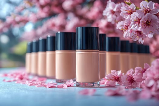 Silky foundation bottles in various skin tones, with out-of-focus cherry blossoms behind. Professional shot showcasing the range and smooth texture of the foundation. photo
