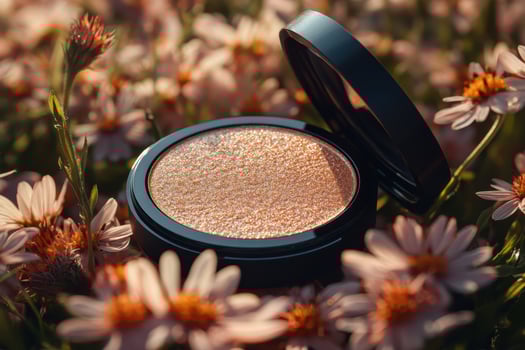 Radiant highlighter compacts with golden shimmer, set against a blurred backdrop of wildflowers. Professional shot showcasing the glow and elegance of the highlighter. photo