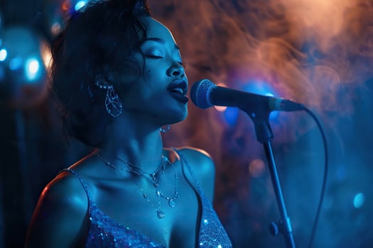 Performer of jazz songs on smoky stage in a shiny dress. A woman on stage in the spotlight. photo