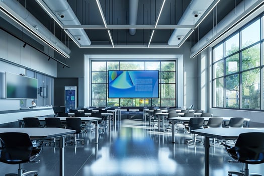 Modern classroom equipped with the latest technology and screens. photo