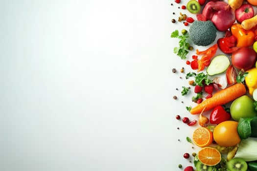 A vibrant array of colorful fruits and vegetables is artistically displayed, showcasing freshness and health. photo