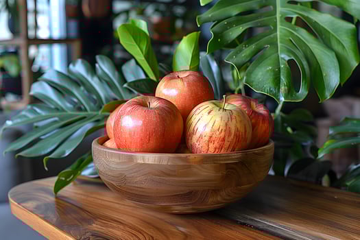 Fresh Apples in Wooden Bowl on Rustic Wooden Table Surrounded by Lush Green Leaves photo