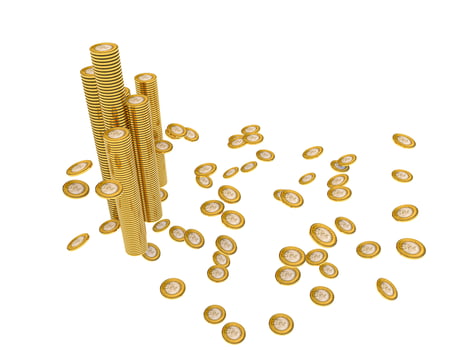 Group of Gold coins and rupees tower on white.Indian rupees and coin. photo