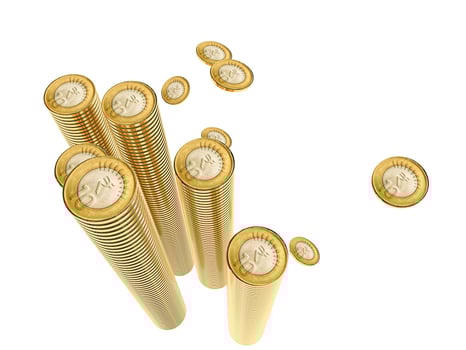 Group of Gold coins and rupees tower on white.Indian rupees and coin. photo