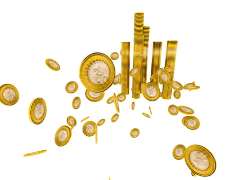 Group of Gold coins and rupees tower on white.Indian rupees and coin. photo