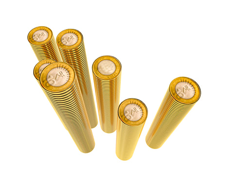 Group of Gold coins and rupees tower on white.Indian rupees and coin. photo