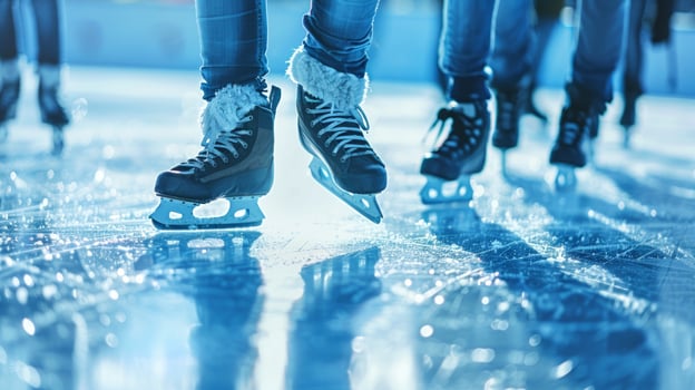Winter ice skating on an outdoor rink with people, boots, skates, and cold weather. Concept of outdoor activities, winter sports, leisure, fun photo
