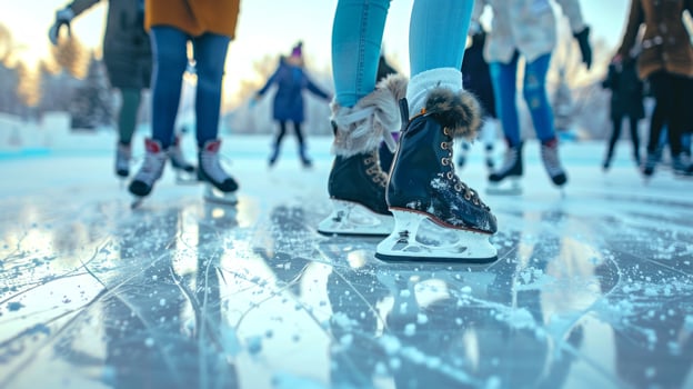 Winter ice skating on an outdoor rink with people, boots, skates, and cold weather. Concept of outdoor activities, winter sports, leisure, fun photo