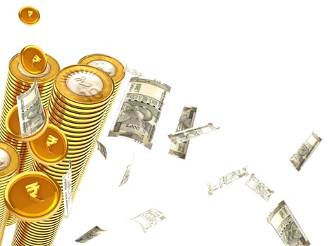 Group of Gold coins and rupees tower on white.Indian rupees and coin. photo