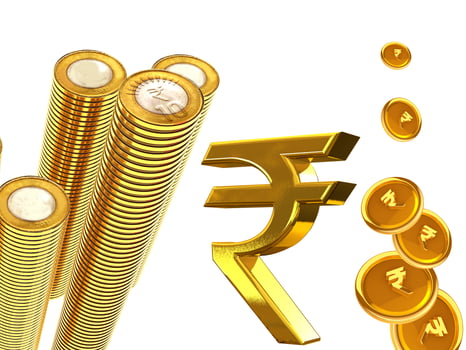 Group of Gold coins and rupees tower on white.Indian rupees and coin. photo