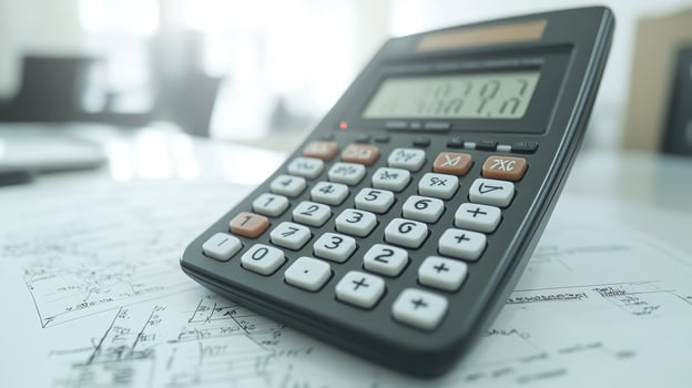 A calculator rests on architectural blueprints in a well-lit office during a work session on financial or project planning photo