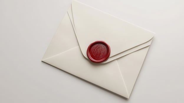 Sealed envelope with red wax seal on a clean white surface photo