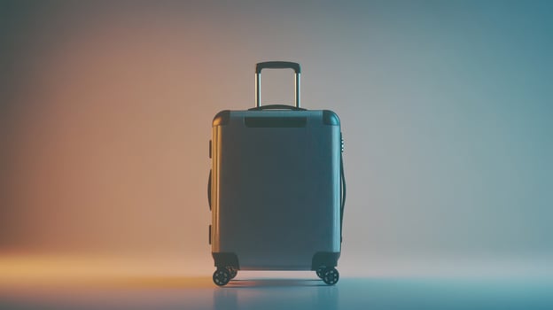 Modern suitcase against a colorful gradient backdrop, showcasing travel essentials in a minimalist style photo