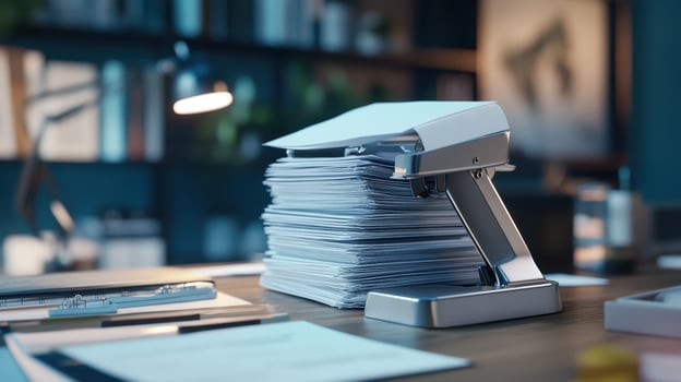 A stack of documents next to a stapler on a wooden desk in a modern office setting photo