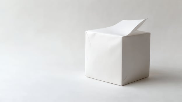 A partially opened plain white box on a neutral background photo