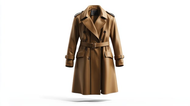Stylish brown trench coat displayed against a plain background, showcasing its tailored design and details photo