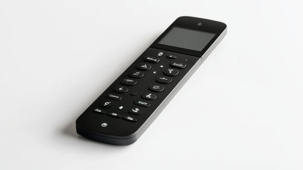 Black remote control with buttons placed on a white background photo