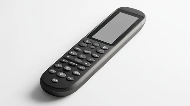 A modern remote control resting on a white surface in a well-lit setting showcasing its sleek design and numerous buttons photo