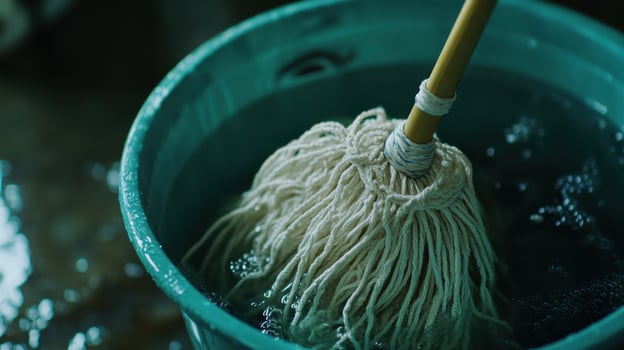Mop soaking in a bucket of water during a cleaning session in a well-lit room photo